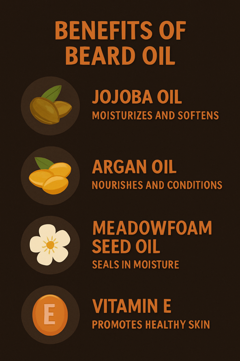 List of benefits of beard oil with corresponding oils and their functions on a dark background.