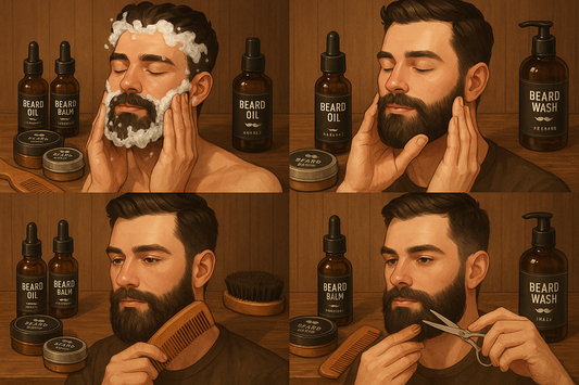 Four pictures of a man caring for his beard