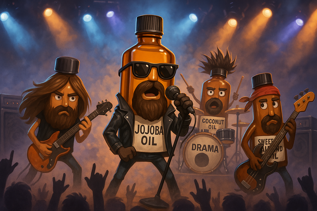 A group of oil bottles dressed and performing as a rock band