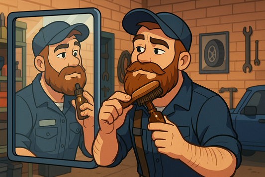 A mechanic grooming his beard while looking in the mirror