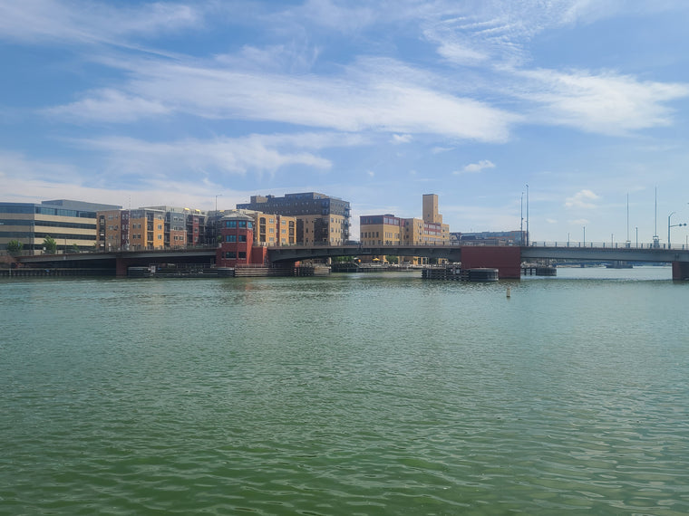 Cityscape with buildings and a bridge over a body of water under a blue sky.